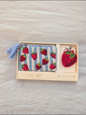 NWT Beaded Strawberry Coin Purse & Keychain Set Gift Set Red White Blue Viral